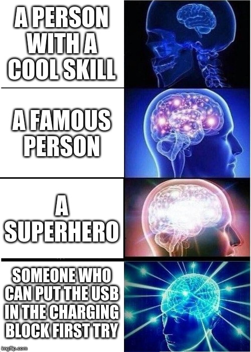 Expanding Brain Meme | A PERSON WITH A COOL SKILL; A FAMOUS PERSON; A SUPERHERO; SOMEONE WHO CAN PUT THE USB IN THE CHARGING BLOCK FIRST TRY | image tagged in memes,expanding brain | made w/ Imgflip meme maker