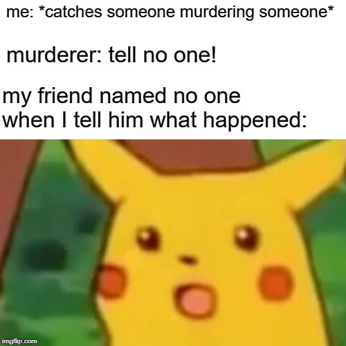 Surprised Pikachu | me: *catches someone murdering someone*; murderer: tell no one! my friend named no one when I tell him what happened: | image tagged in memes,surprised pikachu | made w/ Imgflip meme maker