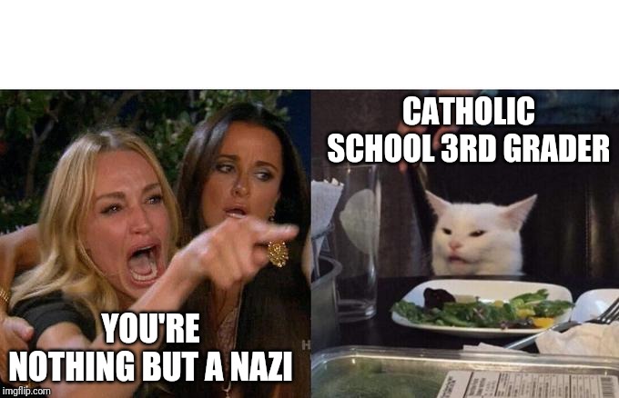 Woman Yelling At Cat Meme | YOU'RE NOTHING BUT A NAZI CATHOLIC SCHOOL 3RD GRADER | image tagged in memes,woman yelling at cat | made w/ Imgflip meme maker