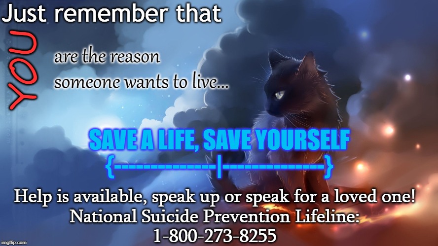 Help is Available Anytime! | Just remember that; are the reason someone wants to live... YOU; SAVE A LIFE, SAVE YOURSELF
{--------------|--------------}; Help is available, speak up or speak for a loved one!
National Suicide Prevention Lifeline:
1-800-273-8255 | image tagged in i love you,motivation,love yourself,life is hard,hope and change | made w/ Imgflip meme maker