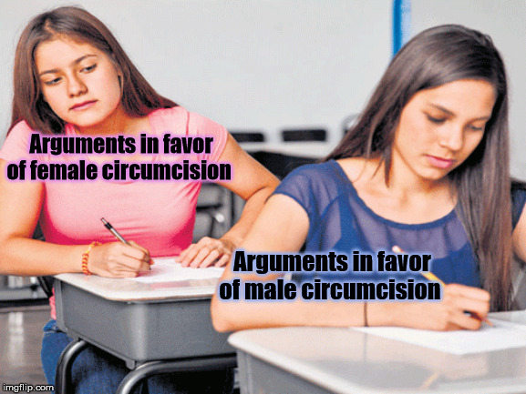 Arguments in favor of female circumcision; Arguments in favor of male circumcision | image tagged in circumcision | made w/ Imgflip meme maker