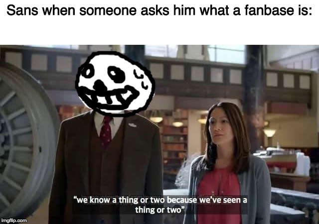 We know a thing or two because we've seen a thing or two | Sans when someone asks him what a fanbase is: | image tagged in we know a thing or two because we've seen a thing or two | made w/ Imgflip meme maker