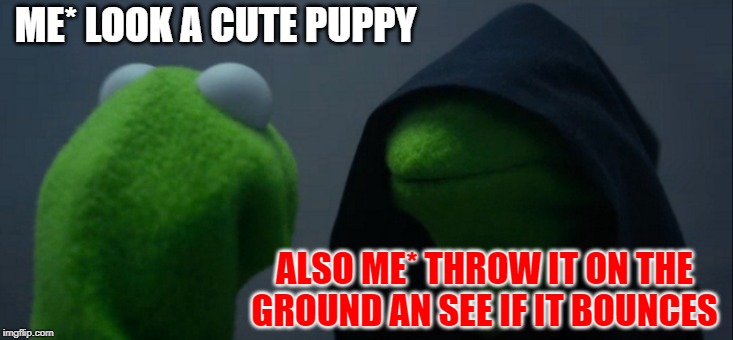 Evil Kermit | ME* LOOK A CUTE PUPPY; ALSO ME* THROW IT ON THE GROUND AN SEE IF IT BOUNCES | image tagged in memes,evil kermit | made w/ Imgflip meme maker