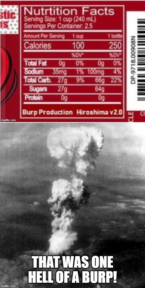 Read the Small Print | THAT WAS ONE HELL OF A BURP! | image tagged in hiroshima bomb cloud bomba atomica | made w/ Imgflip meme maker