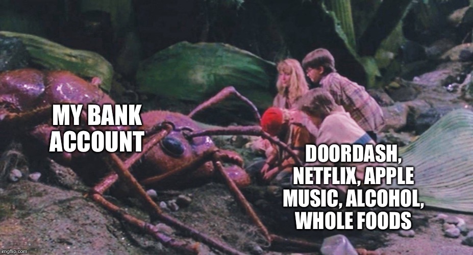 Ant scene | MY BANK ACCOUNT; DOORDASH, NETFLIX, APPLE MUSIC, ALCOHOL, WHOLE FOODS | image tagged in disney | made w/ Imgflip meme maker