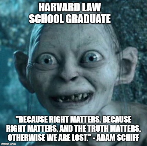 Gollum | HARVARD LAW SCHOOL GRADUATE; "BECAUSE RIGHT MATTERS. BECAUSE RIGHT MATTERS. AND THE TRUTH MATTERS. OTHERWISE WE ARE LOST." - ADAM SCHIFF | image tagged in memes,gollum | made w/ Imgflip meme maker