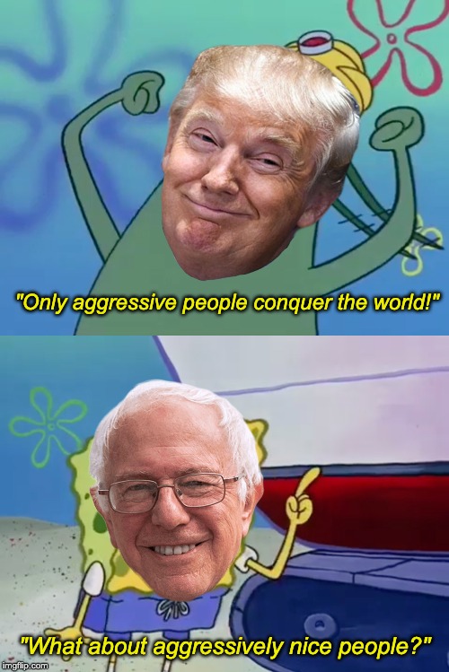 Aggressively Nice People | "Only aggressive people conquer the world!"; "What about aggressively nice people?" | image tagged in bernie sanders,donald trump | made w/ Imgflip meme maker