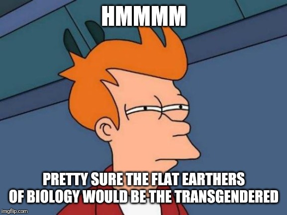 Futurama Fry Meme | HMMMM PRETTY SURE THE FLAT EARTHERS OF BIOLOGY WOULD BE THE TRANSGENDERED | image tagged in memes,futurama fry | made w/ Imgflip meme maker
