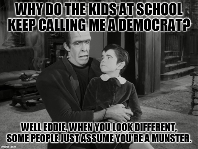 Herman and Eddie Munster | WHY DO THE KIDS AT SCHOOL KEEP CALLING ME A DEMOCRAT? WELL EDDIE, WHEN YOU LOOK DIFFERENT, SOME PEOPLE JUST ASSUME YOU'RE A MUNSTER. | image tagged in herman and eddie munster | made w/ Imgflip meme maker