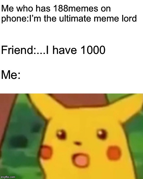 Surprised Pikachu | Me who has 188memes on phone:I’m the ultimate meme lord; Friend:...I have 1000; Me: | image tagged in memes,surprised pikachu | made w/ Imgflip meme maker