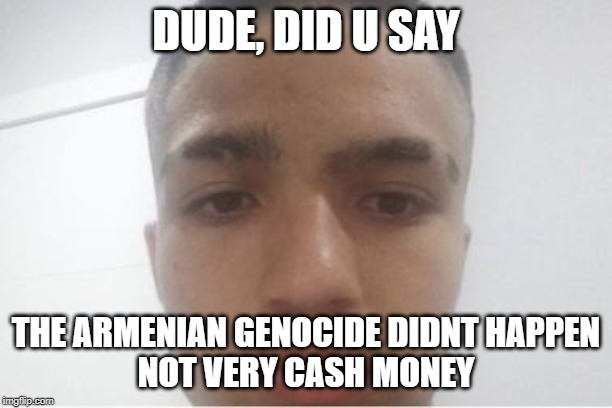 Really dude... | DUDE, DID U SAY; THE ARMENIAN GENOCIDE DIDNT HAPPEN
NOT VERY CASH MONEY | image tagged in really dude | made w/ Imgflip meme maker