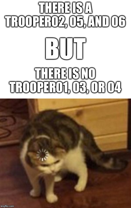 I cannot compute... | THERE IS A TROOPER02, 05, AND 06; BUT; THERE IS NO TROOPER01, 03, OR 04 | image tagged in blank white template,loading cat,wait wut,memes,funny,funny memes | made w/ Imgflip meme maker