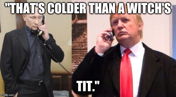 Trump Putin phone call | "THAT'S COLDER THAN A WITCH'S; TIT." | image tagged in trump putin phone call | made w/ Imgflip meme maker