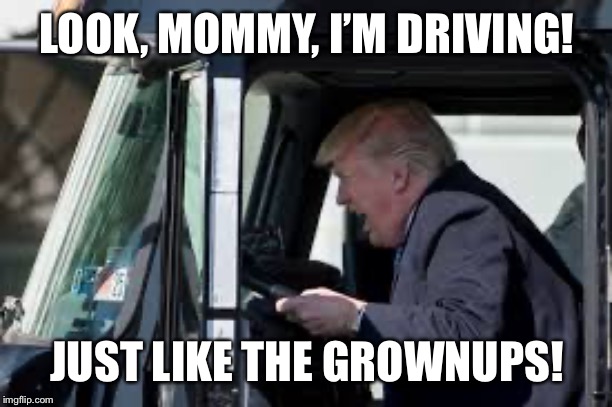 LOOK, MOMMY, I’M DRIVING! JUST LIKE THE GROWNUPS! | image tagged in donald trump | made w/ Imgflip meme maker