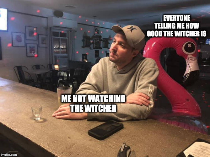 Guy at bar with flamingo | EVERYONE TELLING ME HOW GOOD THE WITCHER IS; ME NOT WATCHING THE WITCHER | image tagged in guy at bar with flamingo | made w/ Imgflip meme maker