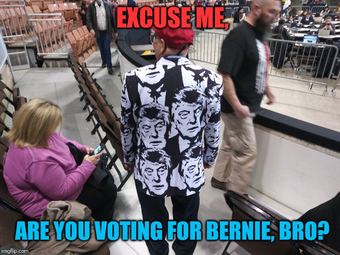 EXCUSE ME, ARE YOU VOTING FOR BERNIE, BRO? | image tagged in donald trump approves | made w/ Imgflip meme maker