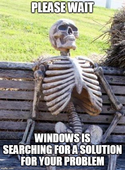 Waiting Skeleton Meme | PLEASE WAIT; WINDOWS IS SEARCHING FOR A SOLUTION FOR YOUR PROBLEM | image tagged in memes,waiting skeleton | made w/ Imgflip meme maker