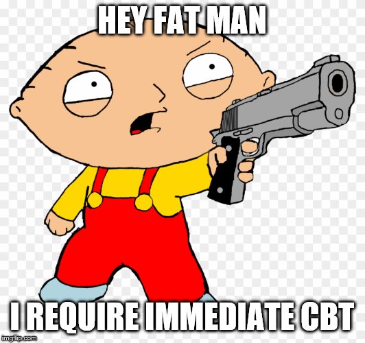stewie griffin gun control laws | HEY FAT MAN; I REQUIRE IMMEDIATE CBT | image tagged in stewie griffin gun control laws | made w/ Imgflip meme maker