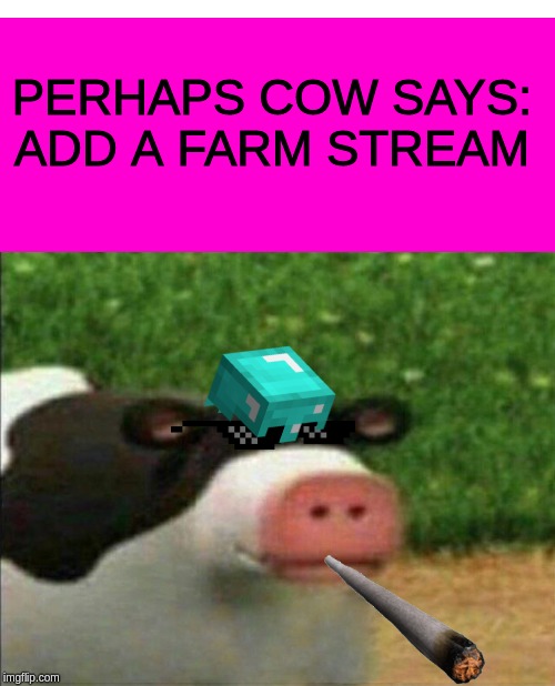 farm stream | PERHAPS COW SAYS:
ADD A FARM STREAM | image tagged in perhaps cow,suggestions | made w/ Imgflip meme maker