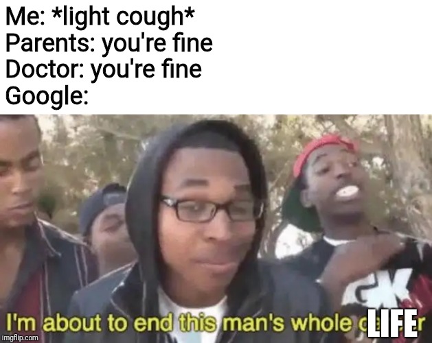 I’m about to end this man’s whole career | Me: *light cough*
Parents: you're fine
Doctor: you're fine
Google:; LIFE | image tagged in im about to end this mans whole career,google,memes,funny | made w/ Imgflip meme maker