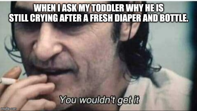 You wouldn't get it | WHEN I ASK MY TODDLER WHY HE IS STILL CRYING AFTER A FRESH DIAPER AND BOTTLE. | image tagged in you wouldn't get it | made w/ Imgflip meme maker