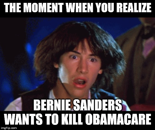 WOAH | THE MOMENT WHEN YOU REALIZE; BERNIE SANDERS WANTS TO KILL OBAMACARE | image tagged in woah | made w/ Imgflip meme maker