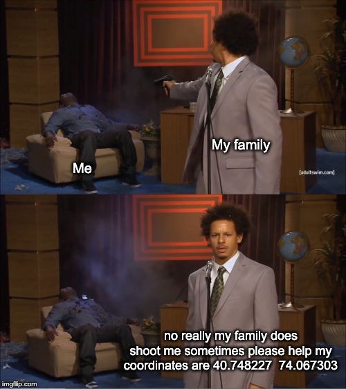 Who Killed Hannibal Meme | My family; Me; no really my family does shoot me sometimes please help my coordinates are 40.748227  74.067303 | image tagged in memes,who killed hannibal | made w/ Imgflip meme maker