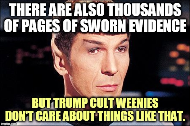 Condescending Spock | THERE ARE ALSO THOUSANDS OF PAGES OF SWORN EVIDENCE BUT TRUMP CULT WEENIES DON'T CARE ABOUT THINGS LIKE THAT. | image tagged in condescending spock | made w/ Imgflip meme maker