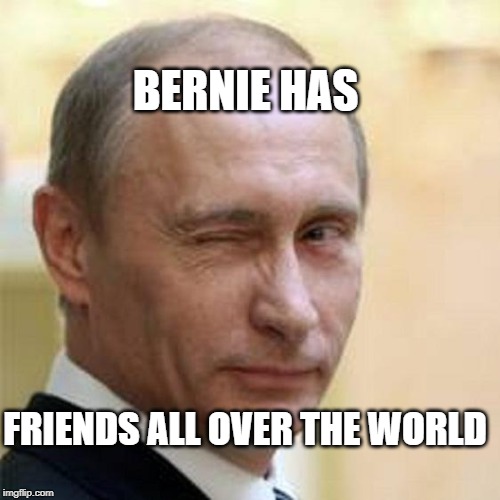 Putin Winking | BERNIE HAS; FRIENDS ALL OVER THE WORLD | image tagged in putin winking | made w/ Imgflip meme maker