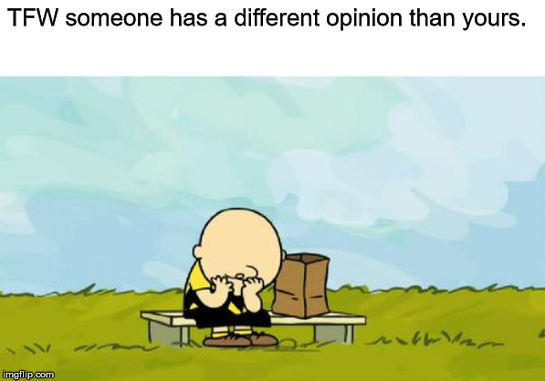 Depressed Charlie Brown | TFW someone has a different opinion than yours. | image tagged in depressed charlie brown | made w/ Imgflip meme maker