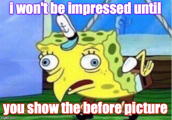 Mocking Spongebob Meme | i won't be impressed until you show the before picture | image tagged in memes,mocking spongebob | made w/ Imgflip meme maker