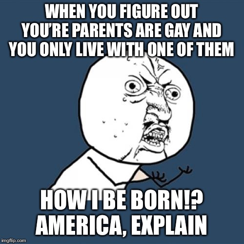 Y U No | WHEN YOU FIGURE OUT YOU’RE PARENTS ARE GAY AND YOU ONLY LIVE WITH ONE OF THEM; HOW I BE BORN!? AMERICA, EXPLAIN | image tagged in memes,y u no | made w/ Imgflip meme maker