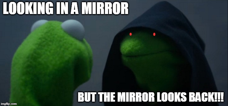 Evil Kermit | LOOKING IN A MIRROR; BUT THE MIRROR LOOKS BACK!!! | image tagged in memes,evil kermit | made w/ Imgflip meme maker