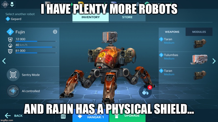 I HAVE PLENTY MORE ROBOTS AND RAJIN HAS A PHYSICAL SHIELD... | made w/ Imgflip meme maker