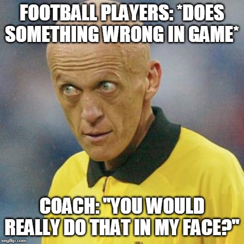 Are you serious? (Football) | FOOTBALL PLAYERS: *DOES SOMETHING WRONG IN GAME*; COACH: "YOU WOULD REALLY DO THAT IN MY FACE?" | image tagged in are you serious football | made w/ Imgflip meme maker