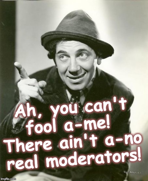 Chico Marx | Ah, you can't fool a-me!  There ain't a-no real moderators! | image tagged in chico marx | made w/ Imgflip meme maker