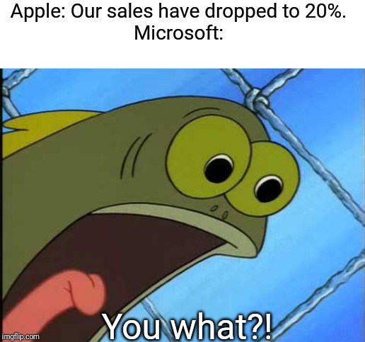 Apple's sales reduced to 20%. | Apple: Our sales have dropped to 20%.
Microsoft:; You what?! | image tagged in you what | made w/ Imgflip meme maker