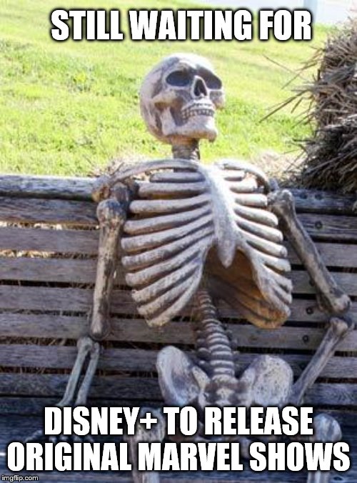 Waiting Skeleton | STILL WAITING FOR; DISNEY+ TO RELEASE ORIGINAL MARVEL SHOWS | image tagged in memes,waiting skeleton | made w/ Imgflip meme maker