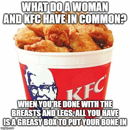 Fried Chicken Women | WHAT DO A WOMAN AND KFC HAVE IN COMMON? WHEN YOU'RE DONE WITH THE BREASTS AND LEGS, ALL YOU HAVE IS A GREASY BOX TO PUT YOUR BONE IN | image tagged in kfc bucket | made w/ Imgflip meme maker