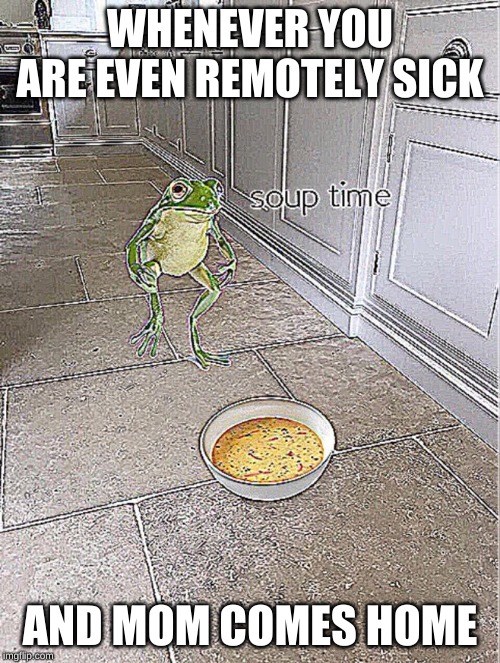 Soup Time | WHENEVER YOU ARE EVEN REMOTELY SICK; AND MOM COMES HOME | image tagged in soup time | made w/ Imgflip meme maker