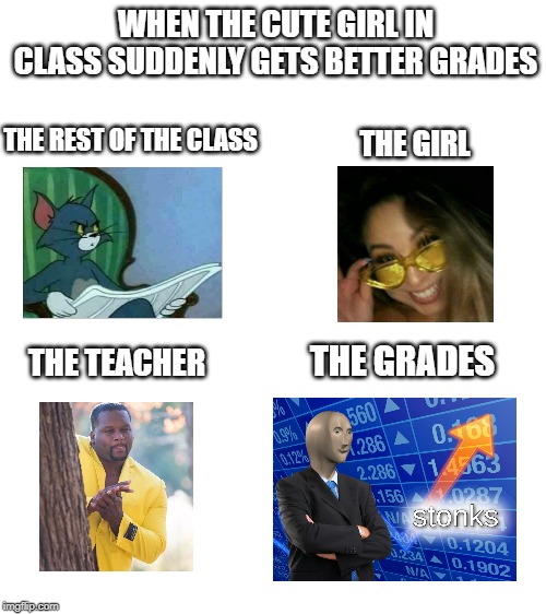 There's something going on here | WHEN THE CUTE GIRL IN CLASS SUDDENLY GETS BETTER GRADES; THE REST OF THE CLASS; THE GIRL; THE GRADES; THE TEACHER | image tagged in blank white template,stonks,memes | made w/ Imgflip meme maker