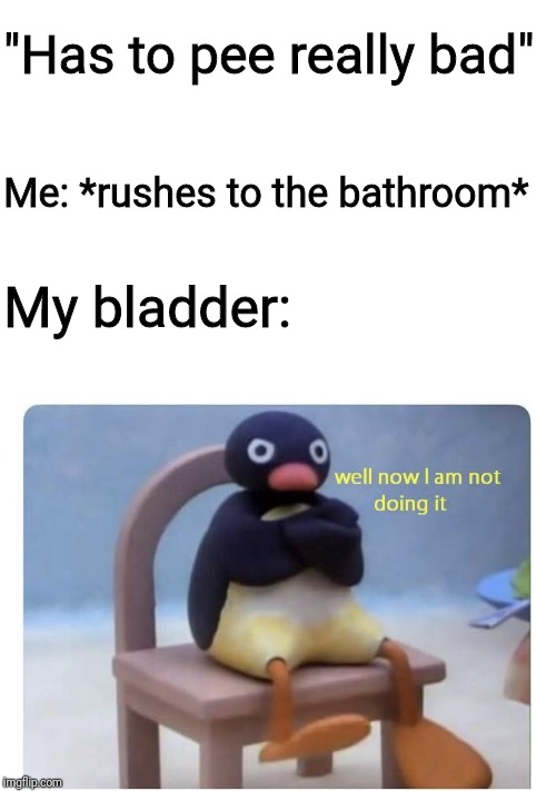 well now I am not doing it | "Has to pee really bad"; Me: *rushes to the bathroom*; My bladder: | image tagged in well now i am not doing it | made w/ Imgflip meme maker