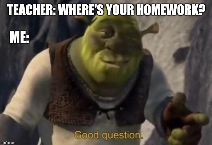 Shrek good question | TEACHER: WHERE'S YOUR HOMEWORK? ME: | image tagged in shrek good question | made w/ Imgflip meme maker