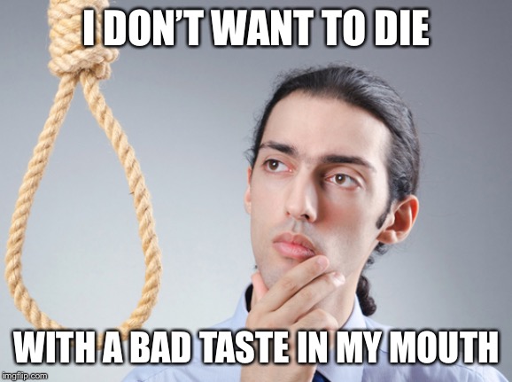 noose | I DON’T WANT TO DIE WITH A BAD TASTE IN MY MOUTH | image tagged in noose | made w/ Imgflip meme maker
