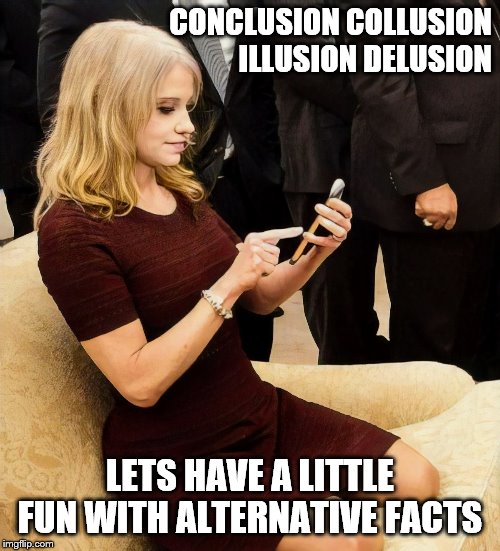 Kellyanne Conway at White House | CONCLUSION COLLUSION ILLUSION DELUSION; LETS HAVE A LITTLE FUN WITH ALTERNATIVE FACTS | image tagged in white house,kellyanne conway,beautiful woman,comfy couch,gorgeous lady,iphone | made w/ Imgflip meme maker