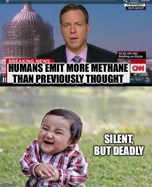 HUMANS EMIT MORE METHANE THAN PREVIOUSLY THOUGHT; SILENT, BUT DEADLY | image tagged in memes,evil toddler,cnn breaking news template | made w/ Imgflip meme maker
