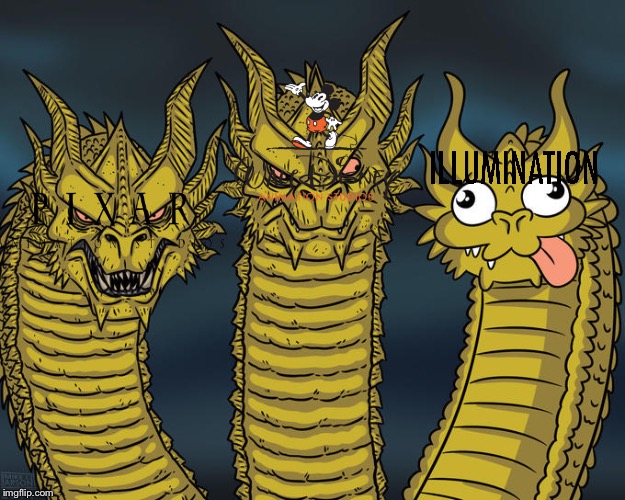 Animation Studios | image tagged in three-headed dragon,disney,pixar,illimination | made w/ Imgflip meme maker