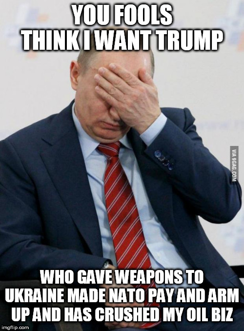 Putin Facepalm | YOU FOOLS THINK I WANT TRUMP; WHO GAVE WEAPONS TO UKRAINE MADE NATO PAY AND ARM UP AND HAS CRUSHED MY OIL BIZ | image tagged in putin facepalm | made w/ Imgflip meme maker