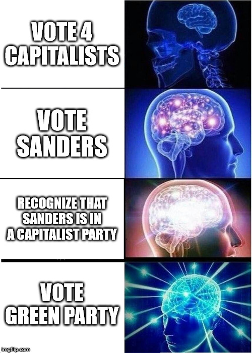 Expanding Brain | VOTE 4 CAPITALISTS; VOTE SANDERS; RECOGNIZE THAT SANDERS IS IN A CAPITALIST PARTY; VOTE GREEN PARTY | image tagged in memes,expanding brain,capitalism,bernie sanders | made w/ Imgflip meme maker