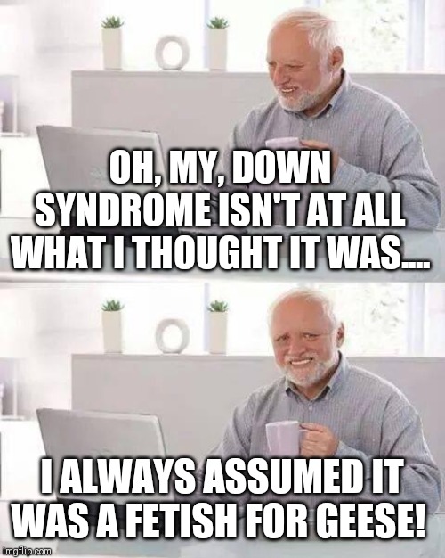 Get down! | OH, MY, DOWN SYNDROME ISN'T AT ALL WHAT I THOUGHT IT WAS.... I ALWAYS ASSUMED IT WAS A FETISH FOR GEESE! | image tagged in memes,hide the pain harold,down syndrome,down,calm down,confused | made w/ Imgflip meme maker